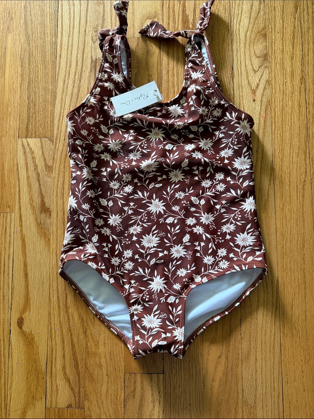 Rylee + Cru Brown Floral One-Piece Swimsuit with White Print